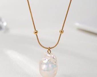 Baroque Freshwater Pearl Pendant Necklace: Irregular Pearl, Gold-Tone Chain, Dainty necklace, Gift for her