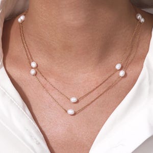 Layered Pearl Necklace: 18K Gold, Freshwater Pearls, Bridal Jewelry