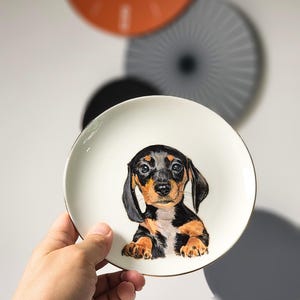 May include: A small, round, white decorative plate with a gold rim. The plate features a watercolour painting of a dachshund puppy with black, brown, and tan fur. The plate is held in a person's hand, with blurred wall clocks in the background.
