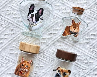 Vaso in vetro con ritratto di animale domestico dipinto a mano, ricordo commemorativo personalizzato per cani e gatti, contiene pelo e piume, urna per le ceneri, regalo per la perdita di un animale domestico.