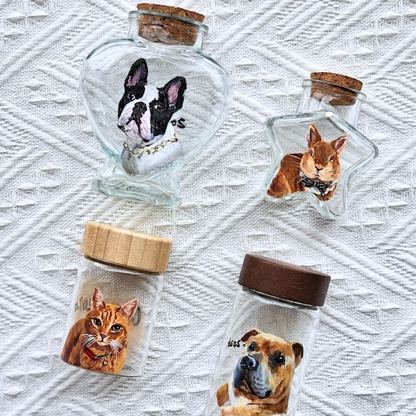 Hand Painted Pet Portrait Fur Glass Jar, Custom Dog Cat Memorial Keepsake, Holds Fur & Feathers, Urn for Ashes, Gift for Loss of Pet