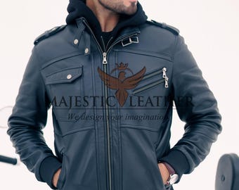New Men's Genuine Real Leather Jacket Black Bomber Winter Hooded Jacket Coat
