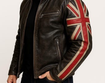 Chaqueta de cuero desgastado estilo motociclista vintage, estilo café racer, encerada y marrón, para hombre