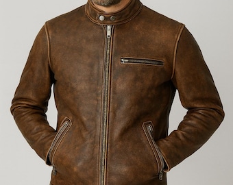 Mens Motorcycle Cafe Racer Vintage Biker Brown Distressed Real Leather Jacket