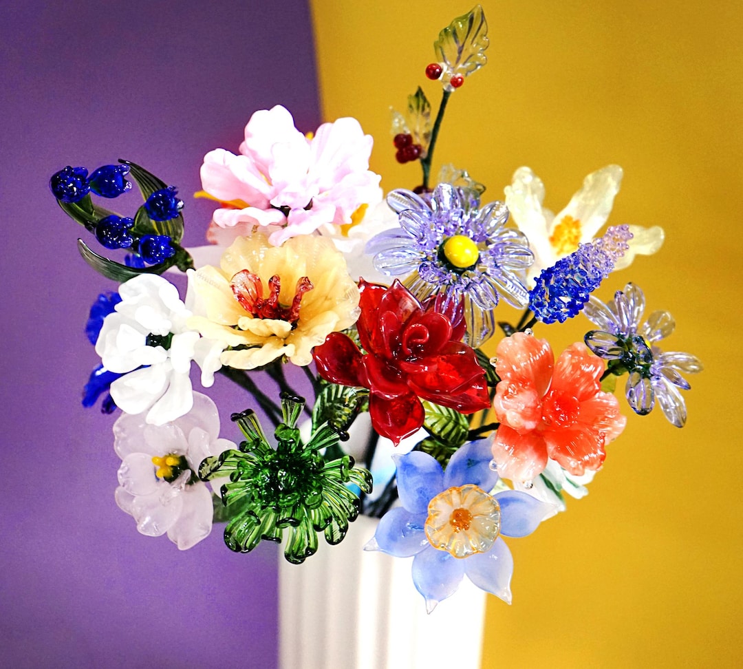 Glass Flowers, Handmade Glass Birth Month Flowers Bouquet, Glass Birth ...