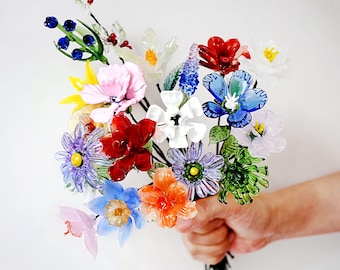 Fleurs du mois de naissance en verre, bouquet cadeau de fleurs de naissance fait main, fête des mères pour maman grand-mère, cadeau fête des mères