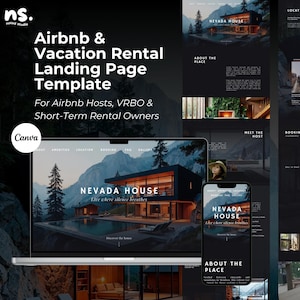 May include: A digital mockup of an Airbnb and vacation rental landing page template. The design features a modern house with a pool, displayed on a laptop and smartphone. Text includes "Airbnb & Vacation Rental Landing Page Template" and "Nevada House."