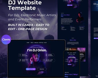 DJ Website Template Canva for Electronic Music Artists | One Page Portfolio | Booking Website