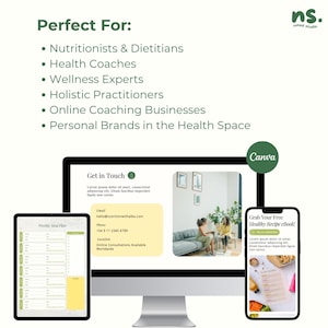 May include: A digital marketing graphic with the text "Perfect For: Nutritionists & Dietitians, Health Coaches, Wellness Experts, Holistic Practitioners, Online Coaching Businesses, Personal Brands in the Health Space." A tablet, computer, and phone display health-related content.