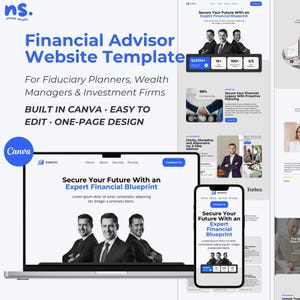 Könnte beinhalten: Eine Website-Vorlage für Finanzberater, Vermögensverwalter und Investmentfirmen. Das Design ist in Canva erstellt und einfach zu bearbeiten. Die Vorlage enthält ein Laptop- und Smartphone-Modell, das das Website-Design anzeigt. Der Text lautet "Secure Your Future With an Expert Financial Blueprint."