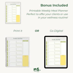 May include: A digital and printed weekly meal planner with a light green and yellow color scheme. The text "Weekly Meal Plan" is visible on the planner. The image also includes the text "Bonus Included" and "Printable Weekly Meal Planner".