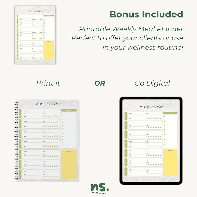 May include: A digital and printed weekly meal planner with a light green and yellow color scheme. The text "Weekly Meal Plan" is visible on the planner. The image also includes the text "Bonus Included" and "Printable Weekly Meal Planner".