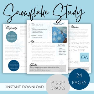 May include: A printable educational resource titled "Snowflake Study" with a light blue background. The pages include lessons on geography, phonics, and art, with instructions for creating fork snowflakes. The resource is for 1st and 2nd grades.