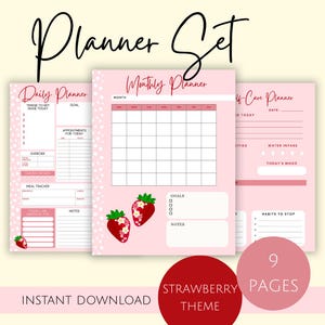 Peut inclure: Un ensemble de planificateurs roses sur le thème de la fraise. L'ensemble comprend un planificateur quotidien, un planificateur mensuel et un planificateur de soins personnels. Le planificateur quotidien comporte des sections pour les tâches, les rendez-vous, l'exercice et le suivi des repas.