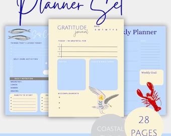 May include: A planner set with a coastal theme, including a gratitude journal, a daily planner, and a weekly planner. The set has 28 pages and is available for instant download. The design features illustrations of fish, a seagull, and a lobster.