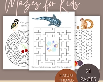 Op de afbeelding: Drie afdrukbare doolhoven voor kinderen met natuurthema's. De doolhoven bevatten illustraties van een vogel, een walvishaai en een eekhoorn. De tekst op de afbeelding luidt "Mazes for Kids", "Instant Download", "Nature Themed Mazes" en "21 Pages".