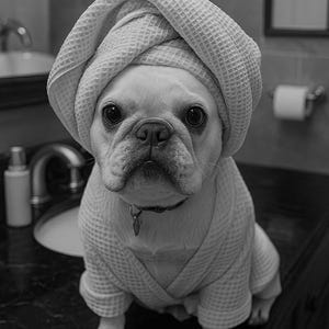 May include: A white French Bulldog wearing a white waffle-weave robe and a matching towel wrapped around its head. The dog is sitting on a dark countertop in a bathroom setting, with a sink and mirror in the background.