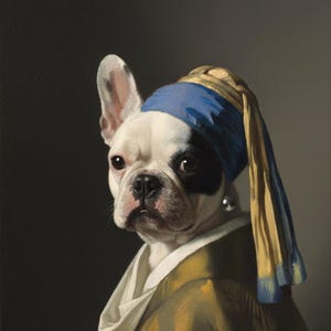 May include: A portrait of a French Bulldog, styled after Johannes Vermeer's "Girl with a Pearl Earring." The dog wears a blue and gold headscarf, a pearl earring, and a gold and white garment against a dark background.