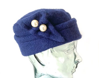 Blue Hat, Vintage Hat,Pillbox Hat, Winter Hat, Retro Hat, flapper, charleston, 1920s, 20s wool warm French hat, pearl, Gift