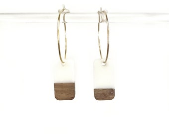 Wood white resin earring, Jewelry, unique, French, original, gift, creative, statement, fashion