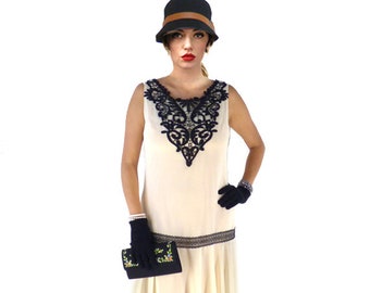 Retro Flapper Dress, Great Gatsby Dress, Flapper Costume, 1920s Dress, 20s Dress, Roaring 20s Dress,Downton Abbey Dress,Cream Chiffon,Black