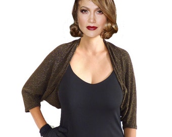 Goud Zwarte Bolero, Lycra Bolero, Avondbolero, Metalic, Jas Cocktail Flapper Cocoon Batwing Cardigan Avond, Driekwart Mouw