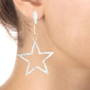 Big Star Earrings, Large Statement Earrings, Dangle Clear Crystal Rhinestones, Gold Silver Jewelry, Evening Gift For Her Christmas image 1