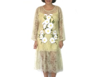 Embroidery 1920s dress, Yellow flapper retro dress, 20s dress, vintage, elegant, evening, lace, embroidered, statement dress, Size L