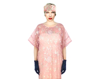 Caftan Kaftan Dress Dusty Pink Sequin Gold Embroidery 1920 1920s Roaring 20s Kimono Chiffon Shift Oversized Large Sleeve Loose Size