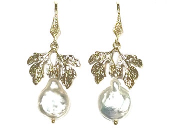 Pearl earrings white gold leaf dangle eccentric 1920s 20s charleston cocktail or evening jewelry or gift for her