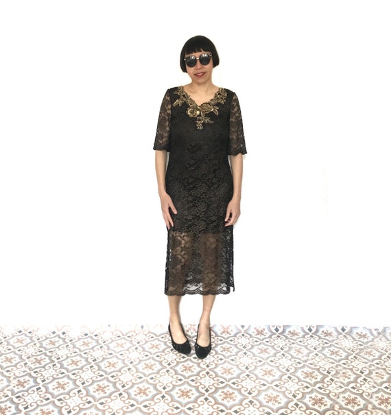 Black gold lace dress, retro dress, 1980, 80s dre… - image 2