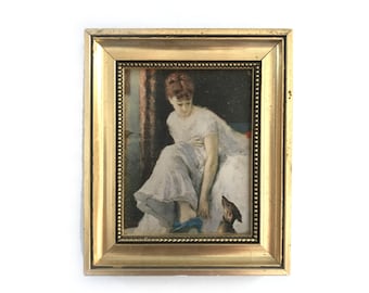 Vintage woman figurative , dog silk painting wall hanging, frame, shabby chic decoration, french decor, wall collectible