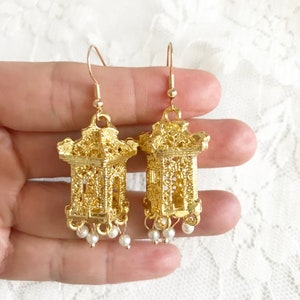 Chinoiserie earrings pearls dangle pagoda eccentric statement cocktail or evening chinese jewelry or gift for her