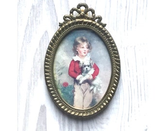 Vintage old french frame, Belle époque french boy with a dog print, metal frame, wall hanging, shabby chic decoration, wall collectible