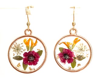 Dried flowers earring, Jewelry, unique, French, original, gift, creative, statement, gilt gold, rose, Queen anne lace flowers