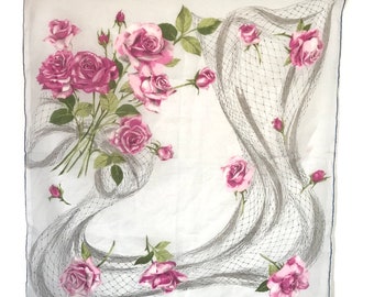 Vintage french scarf Rose, Large romantic fine cotton, head cover, 1950s, 1960s