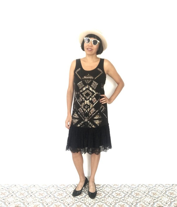 Vestido charleston negro anos 20 retro vintage vestido bordado vestido de lentejuelas negras y doradas vestido de noche vestido elegancia Talla M L Etsy Espana