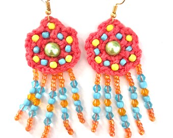 Crochet crystal earrings, fringes, glass, dangling, handmade, statement, original, unique, French