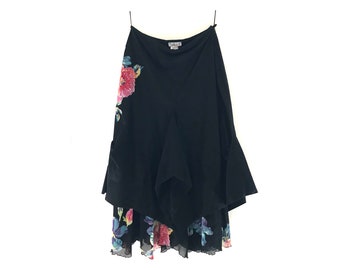 Long black skirt eccentric, drape fold black vintage, cotton, statement boho, gypsy, L size
