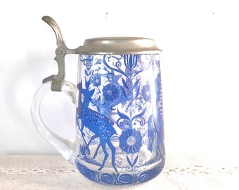 Vintage beer tankard with tin pewter lid, beer glass, beautiful blue deer illustration, shabby chic, French style, romantic, collectible