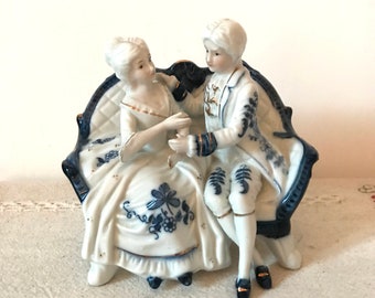 Vintage Marie Antoinette and King Louis porcelain, ceramic, table decor, shabby chic French royalty couple, blue white romantic, collectible