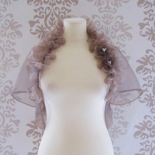 MOZEE Mocha Lavender Ruffle Mohair Rosette Romantic Bridal Short Sleeve Wedding Bolero/ Wedding Shrug