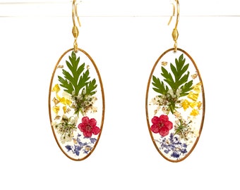 Dried flowers earring, Jewelry, unique, French, original, gift, creative, statement, gilt gold, queen anne lace, red flowers