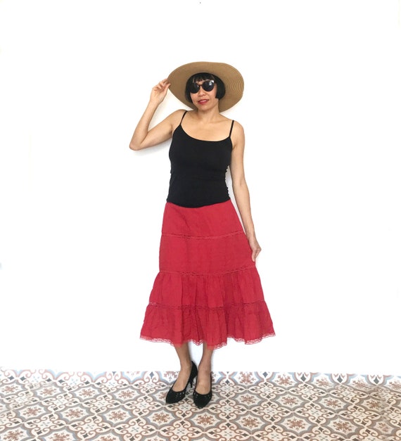Jupe rouge avec dentelle empiecement vintage style Brigitte Bardot bohemien mi longue taille L Etsy France