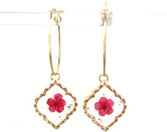 Dried red flowers earring, Jewelry, unique, French, original, gift, creative, statement, gilt gold, forget me not