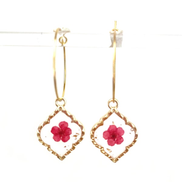 Dried red flowers earring, Jewelry, unique, French, original, gift, creative, statement, gilt gold, forget me not