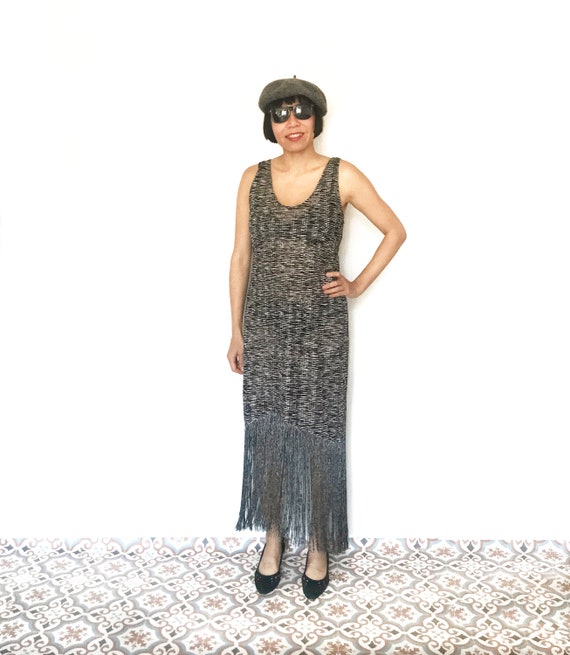 Vestido largo blanco negro vintage retro vestido anos 20 vestido de noche vestido elegancia vestido flecos Talla M Etsy Mexico
