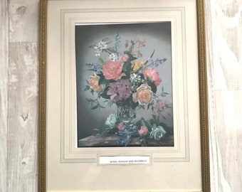 Vintage flowers print with gold wooden frame, Roses, Azaleas, Bluebells