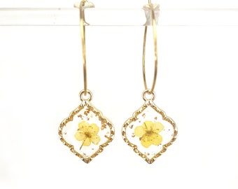 Dried yellow flowers earring, Jewelry, unique, French, original, gift, creative, statement, gilt gold, forget me not