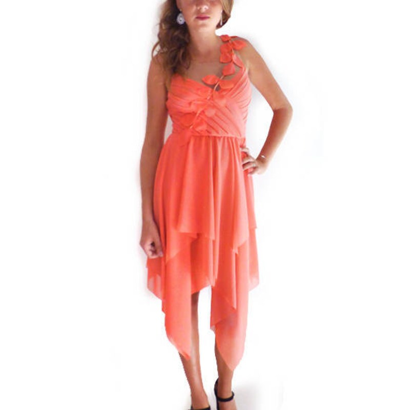 Strapless Chiffon Dress with Cascade Skirt Coral